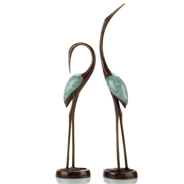 Slender Crane Pair Stylized Sculptures Made of Brass Green Bronze Tones
